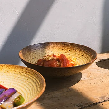 Kumtaşın dişli yemek tabakları Japon ev eski moda derin çanak çorba tabağı retro el yapımı yaratıcı seramik sofra