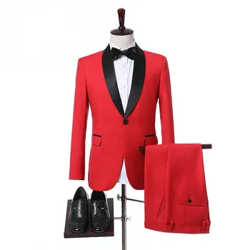 Kırmızı Düğün Erkek Takım Elbise Siyah Yaka Damat Smokin Custom Made Ternos Son slim fit uzun kollu erkek gömlek Takım Elbise 2 Adet (Ceket + Pantolon)