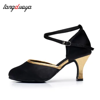 Latin dans ayakkabıları kadın siyah ipek Tango Salsa Caz Kız Balo Salonu profesyonel dans ayakkabıları kadınlar için yüksek topuklu 5/7cm Tangduoya