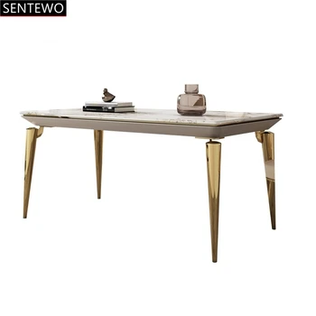 Lüks Kaya Döşeme mutfak yemek masası ve 4 sandalye Paslanmaz çelik altın bacak çerçeve Sahte Mermer masa sandalye seti yemek masaları