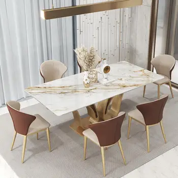 Lüks Villa Yemek Odası Kuğu Şekli Dikdörtgen Ada Masa 1.8 m Ve 6 sandalye seti Altın Yaratıcı Tasarım mermer Mobilya