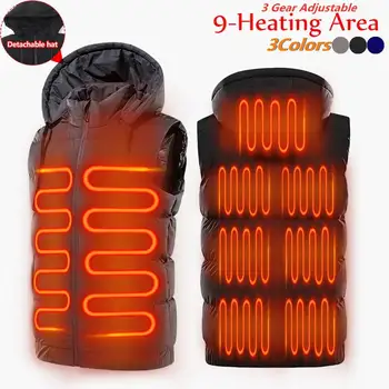 M-7XL elektrikli ısıtmalı yelek ceketler erkek kadın 9 ısıtmalı bölgeleri grafen USB ısıtma ceket kamp su geçirmez aşağı ceket şapka ile
