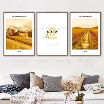 Manzara Tuval Boyama Sonbahar Altın Ülke İngilizce Kelimeler Oturma Odası Yatak Odası Cafe Restaurant Duvar Hd Baskı Dekor Posteri