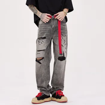 Moda Hi Sokak Tahrip Kot Pantolon Büyük Boy Hip Hop Denim Pantolon Delikli Gevşek Fit Yırtık Dipleri