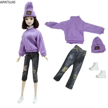 Mor El Yapımı Moda oyuncak bebek giysileri Seti barbie bebek Kıyafetler 1/6 Bebek Aksesuarları Barbie Üst Kırpma Pantolon Şapka Ayakkabı Oyuncaklar