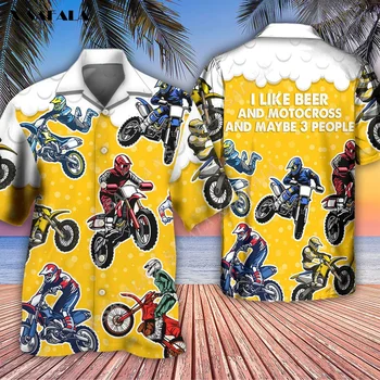 Motokros Ve Tatil Bira 3D Baskılı Yaz Moda Gevşek Baggy Casual Hawaiian Plaj Gömlek Tee Erkek Kadın Üstleri
