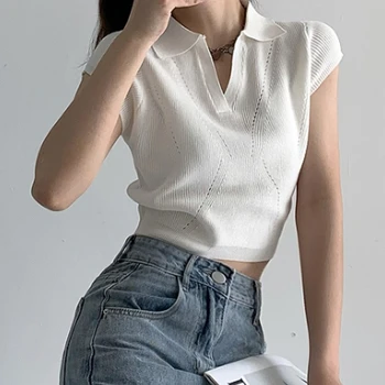 Nervürlü Örme Tees Yaz Kısa Kollu Kazak Üst Moda Bluzlar Sokak Kore günlük t-shirt kadın Seksi Kulübü T-Shirt