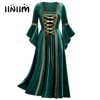 Ortaçağ Elbisesi Rönesans Retro Elbise Bayan Cadılar Bayramı Cosplay Kostüm Cosplay Kıyafet Parlama Kollu Dantel-up Kadife Elbise