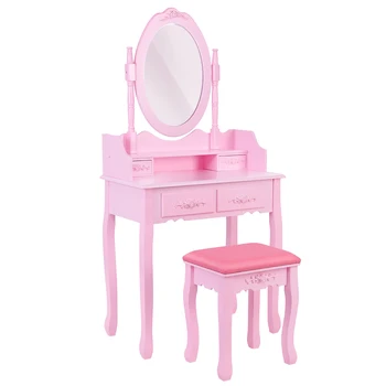 Pembe Makyaj Makyaj Tuvalet Masası Oval Ayna ve Çekmeceli Kızlar için(1 Ayna + 4 Çekmece+1 Tabure) makyaj Masası Setleri[ABD Stok]