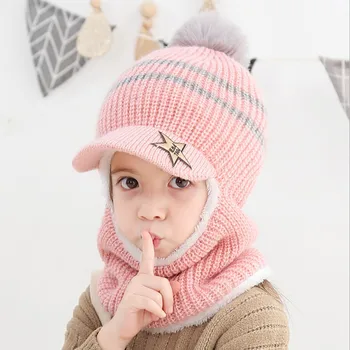 Pembe Vizör Çocuk Bebe Kış Kulaklığı Şapka Susturucu Bağlı Kış Örgü Kalın Polar Sıcak 2-5T Bebek Çocuk Şapka Eşarp Doruğa Kap