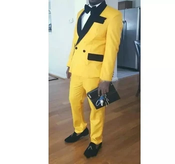 Sarı Erkek Takım Elbise Kruvaze Kostüm Homme Damat Giyim Smokin Düğün Terno Masculino Slim Fit 2 Parça Blazer (ceket + Pantolon)