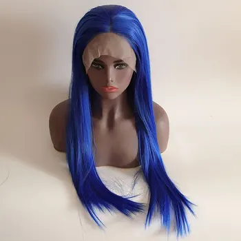 Sentetik Dantel ön peruk Mavi Renk Uzun İpeksi Düz ısıya dayanıklı iplik Doğal Saç Çizgisi Ücretsiz Ayrılık Beyaz Kadınlar İçin Peruk