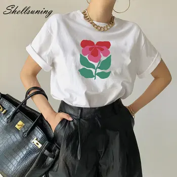 Shellsuning Yaz Çiçek Baskı Sevimli Taban T Shirt Kadın Rahat O-Boyun Beyaz Tees Kadın Basit %100 % Pamuk Yumuşak Moda Üstleri Yeni