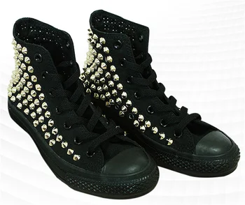 Siyah kanvas ayakkabılar yüksek üst perçin sneakers rahat yürüyüş el yapımı perçin ayakkabı unisex sneakers 35-46
