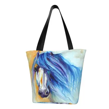 Soyut At Sanat Bakkal alışveriş çantası Baskı Tuval alışveriş çantası omuzdan askili çanta Büyük Kapasiteli Taşınabilir Hayvan Çanta