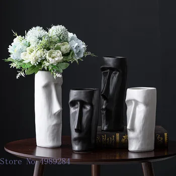 Soyut İnsan Yüzü Vazo Seramik Vazo Siyah ve Beyaz Pozlama Çiçek Düzenleme Seramik El Sanatları Süsler Ev Dekorasyon