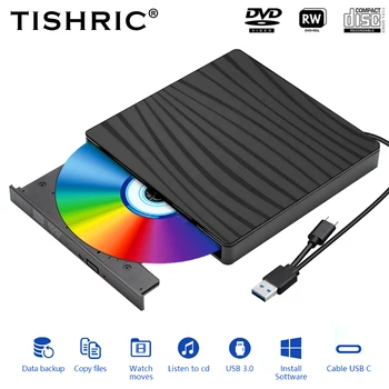 TISHRIC Tipi C / USB 3.0 Harici CD Ve DVD Oynatıcı RW DVD CD Yazıcı Sürücü Burner Okuyucu Harici DVD CD Sürücü Dizüstü Masaüstü İçin