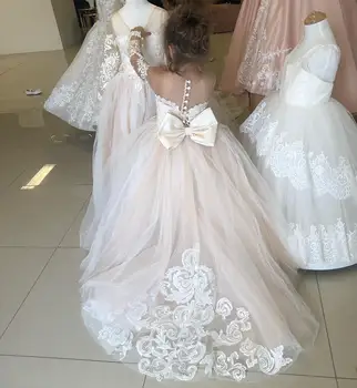 Uzun Kollu Beyaz Fildişi Çiçek Kız Elbise V Boyun Düğün Konuk Çocuklar Gelinlik Modelleri Yay Dantel Aplikler Tül