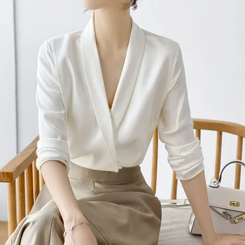 V Yaka Zarif Tasarım 22mm İpek Kazak Gömlek Uzun kollu İpek Bluz kadın Mizaç İlkbahar ve Sonbahar Yeni İpek Gömlek Kadın