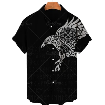 Viking havai gömleği erkek Gevşek Büyük Boy Harajuku Spandex Kısa Kollu Yaka Tek Düğme Plaj Gömlek Üst 5XL