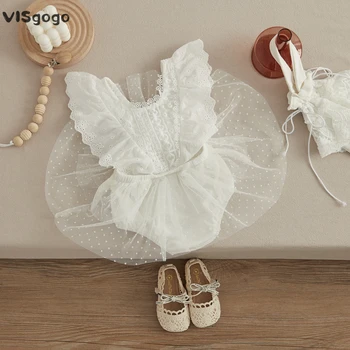 VISgogo Bebek Kız Romper Elbise Prenses Yenidoğan Sinek Kollu Yuvarlak Boyun Örgü Dantel Katmanlar Etek Çiçek Tulumlar Doğum Günü Giysileri