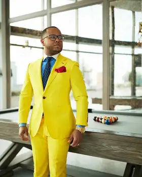 Yakışıklı Sarı Custom Made Çentik Yaka Erkek Takım Elbise Slim Fit Groomsmen Düğün Yemeği Parti Takım Elbise Erkek Blazer Kostüm Homme