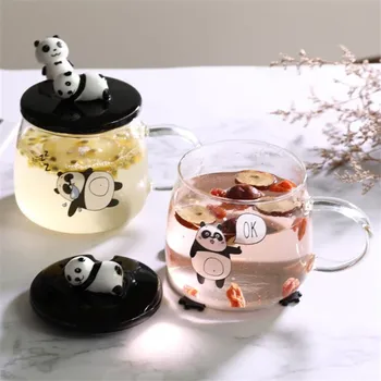 Yaratıcı ısıya Dayanıklı Kahve kapaklı kupa uzun borosilikat cam Karikatür Panda Kahvaltı süt kupası Ofis Çay Fincanı Drinkware