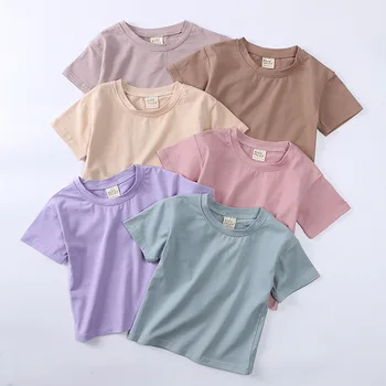 Yaz 2023 Şeker Renk Çocuk T-shirt Moda Katı Kızlar Tees Kısa Kollu Pamuklu Erkek Üstleri Koreli Çocuk Giysileri 1-5Y