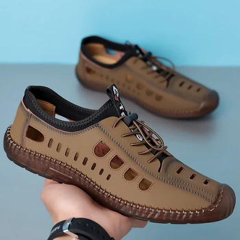 Yaz Erkekler rahat ayakkabılar Lüks Marka Açık Sandalet Üzerinde Kayma Rahat Nefes Yürüyüş Sneakers Deri Sürüş Loafer'lar Mokasen