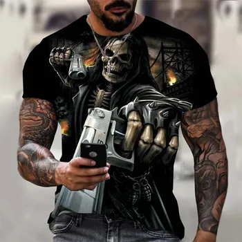 Yaz Kafatası Silah T Shirt Erkek / Kadın Punk T Shirt Kan Anime Giyim Jest Gömlek 3D Baskı Metal Tshirt Erkek Çocuk Giyim