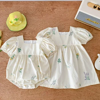 Yaz Kız Giysileri Bebek Kız Elbise Kısa Kollu Pamuklu Çiçek Nakış Çocuklar Parti Prenses Elbise Toddler Bebek Romper