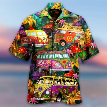 Yaz Yeni Kamyon Baskı erkek Gömlek Karikatür Komik Hawaii Gömlek Erkekler için Plaj Tatil Tarzı Üst Tee Streetwear erkek giyim
