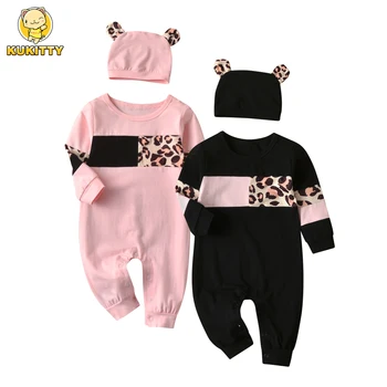 Yenidoğan Bebek Kız Giysileri Sevimli Leopar Ekleme Uzun Kollu Tulum ve Şapka Bebek Giyim Toddler Kıyafetler Set
