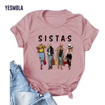 YESMOLA Kadın T-Shirt Sistas Mektup Baskı Harajuku Yaz Tişörtleri Casual Yuvarlak Boyun Kısa Kollu Üst Gevşek Moda Tee Gömlek