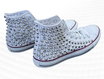 Yüksek top kanvas ayakkabılar beyaz perçin sneakers rahat yürüyüş ayakkabısı el yapımı perçin ayakkabı unisex sneakers 35-46