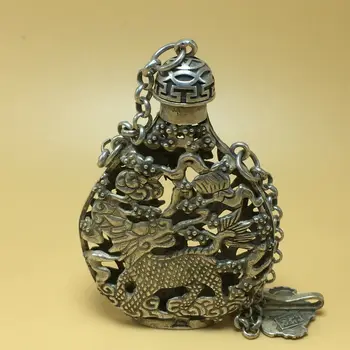 çin Tibet gümüş eski bakır el oyma Kirin phoenix heykeli enfiye şişesi