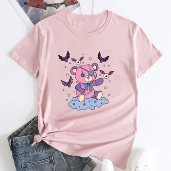 Ürpertici Dikişli Oyuncak Ayı T-shirt Sevimli Kadın Egirl Gizli Tee Gömlek Estetik Pastel Goth Giyim Tops