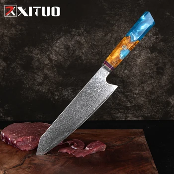 Şam Mutfak Bıçağı Japonya VG10 Çelik Profesyonel Kiritsuke şef bıçağı Sekizgen Mavi Reçine Kolu Süper keskin et cleaver